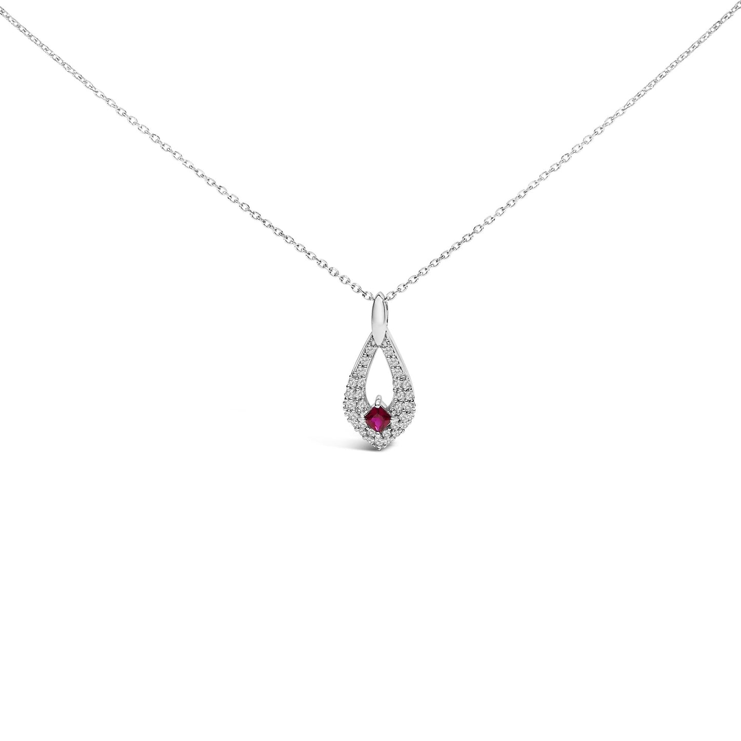 .925 Sterling Silver Created Red Ruby and White Sapphire Pear Shaped Pendant Necklace - 18" Inches