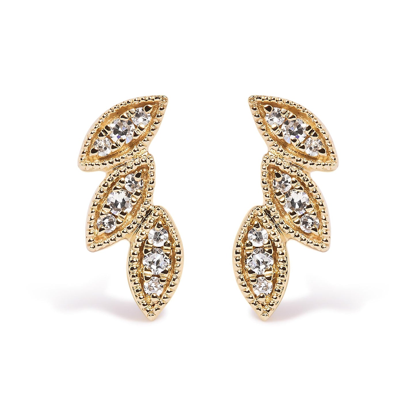 10K Yellow Gold 1/10 Cttw Diamond Triple Leaf Stud Earring (H-I Color, I1-I2 Clarity)