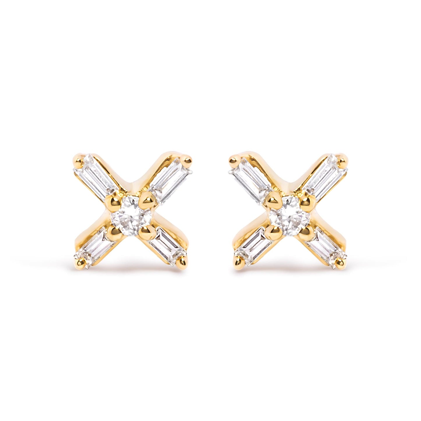 10K Yellow Gold 1/10 Cttw Round and Baguette Diamond Criss Cross X Stud Earring (H-I Color, I1-I2 Clarity)