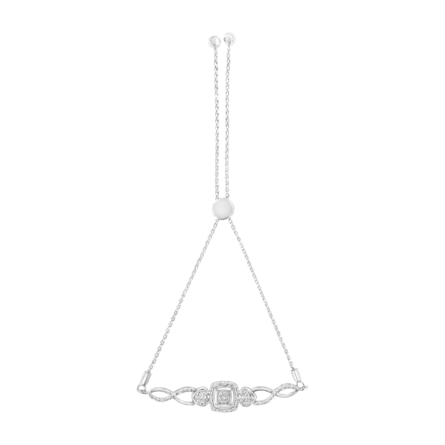 .925 Sterling Silver Diamond Cushion Frame Heart-Sides Twist 4â€-10†Adjustable Bolo Tennis Bolo Bracelet (I-J Color, I3 Clarity)