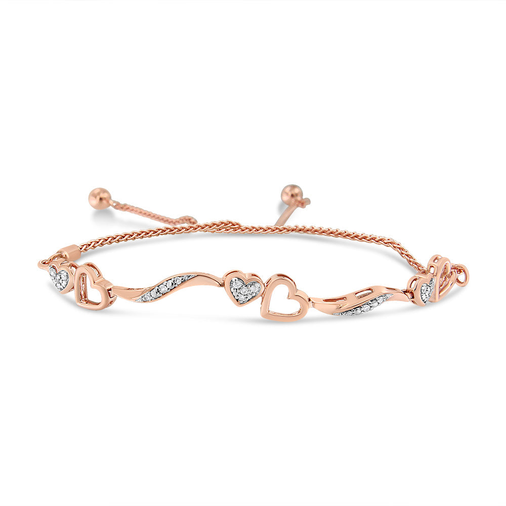 .925 Sterling Silver 1/10 Cttw Diamond Wave and Hearts 4â€-10†Adjustable Bolo Bracelet (I-J Color, I3 Clarity)