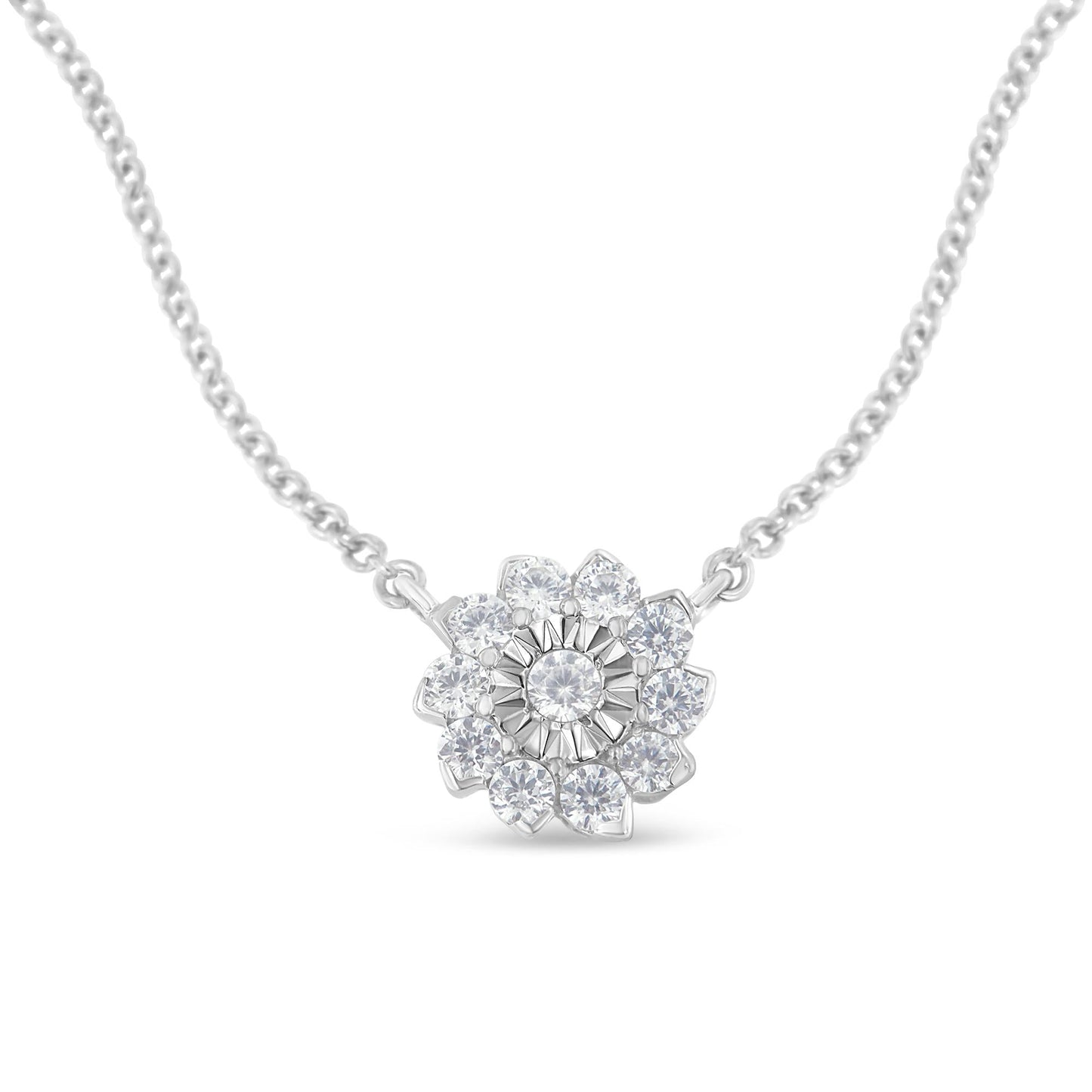 .925 Sterling Silver 1/2 Cttw Diamond Miracle Set Flower Cluster Pendant Necklace with Cable Chain (I-J Color, I1-I2 Clarity) - 18â€