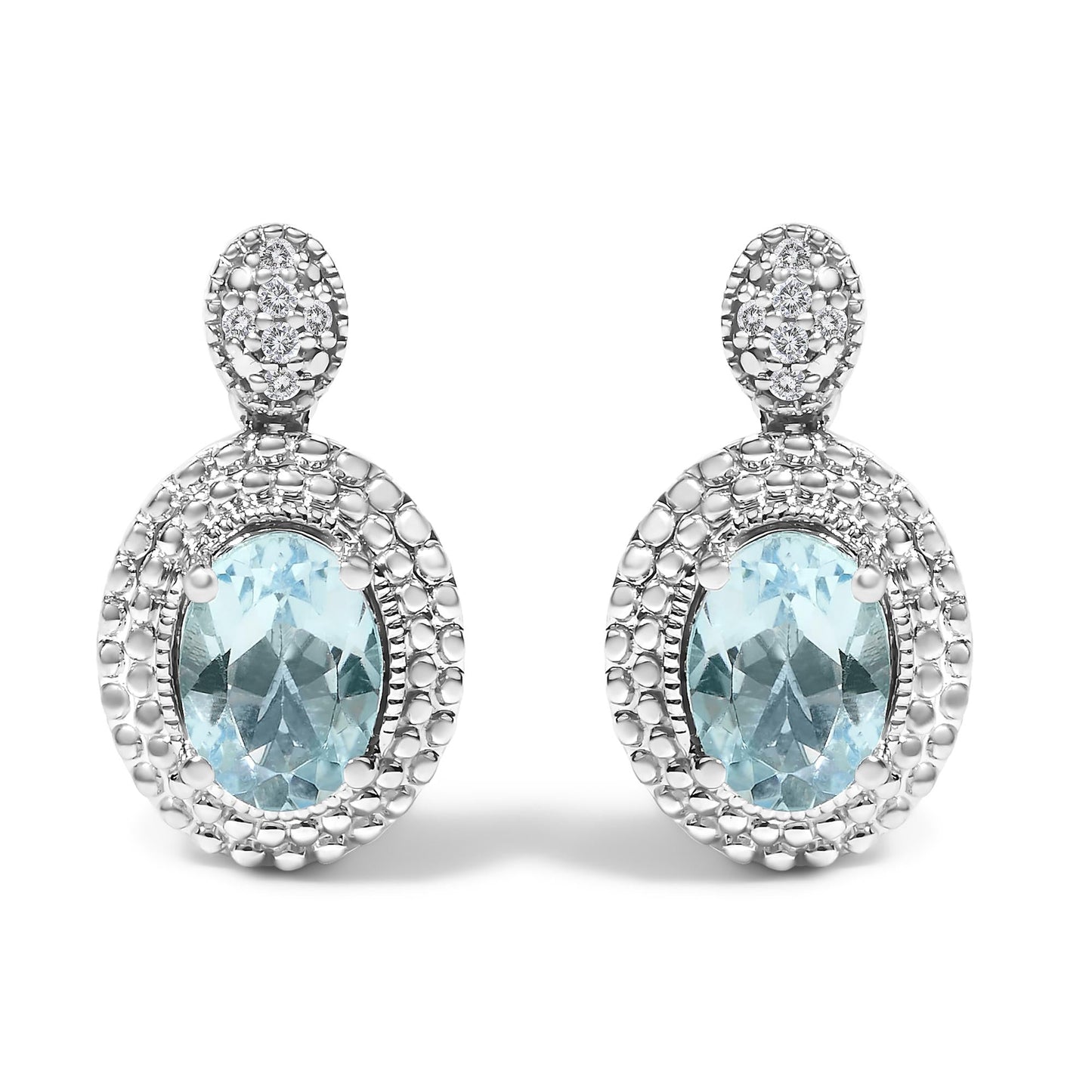 .925 Sterling Silver Diamond Accent and Oval Blue Topaz with Beaded Halo Drop Stud Earrings (I-J color, I1-I2 Clarity)