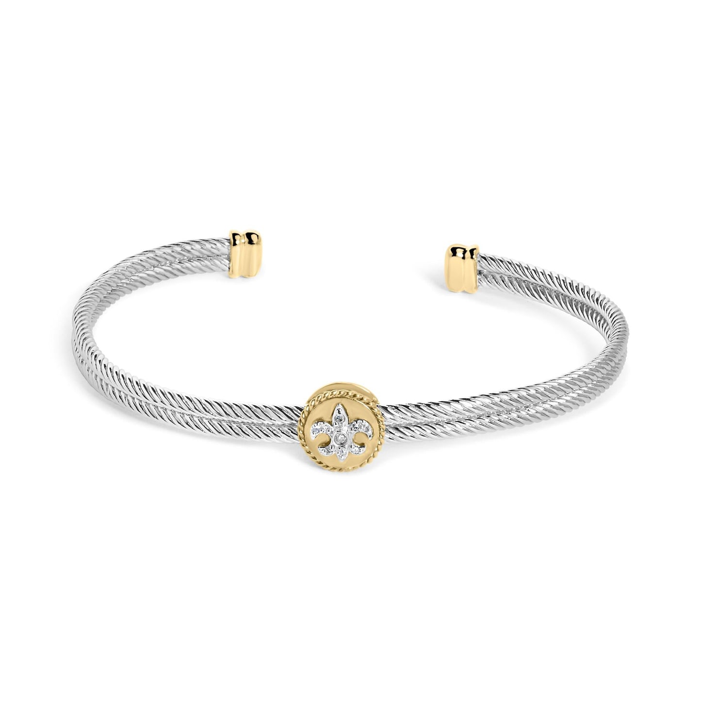 18K Yellow Gold Plated .925 Sterling Silver Diamond Accent and Fleur Di Lis Medallion Bangle Bracelet (I-J Color, SI1-SI2 Clarity) - 7.25 Inches