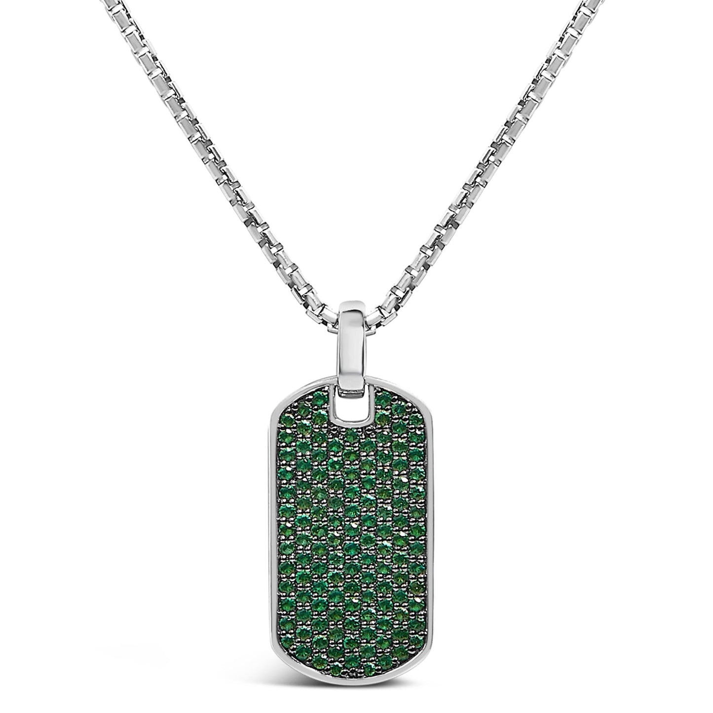 Men's .925 Sterling Silver Created Green Emerald Dog Tag Pendant Necklace - 22" Inches