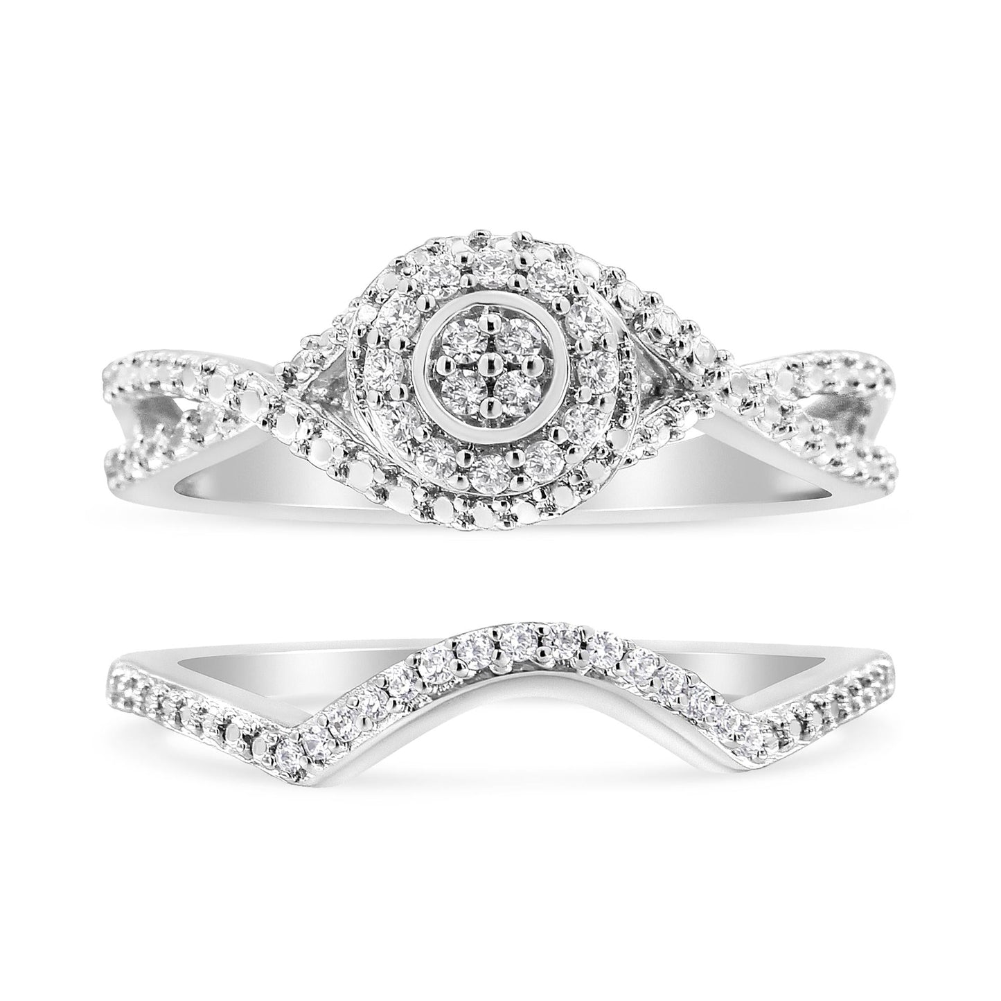 .925 Sterling Silver 1/6 Cttw Diamond Composite Halo and Split Shank Bridal Set Ring and Band (I-J Color, I3 Clarity)