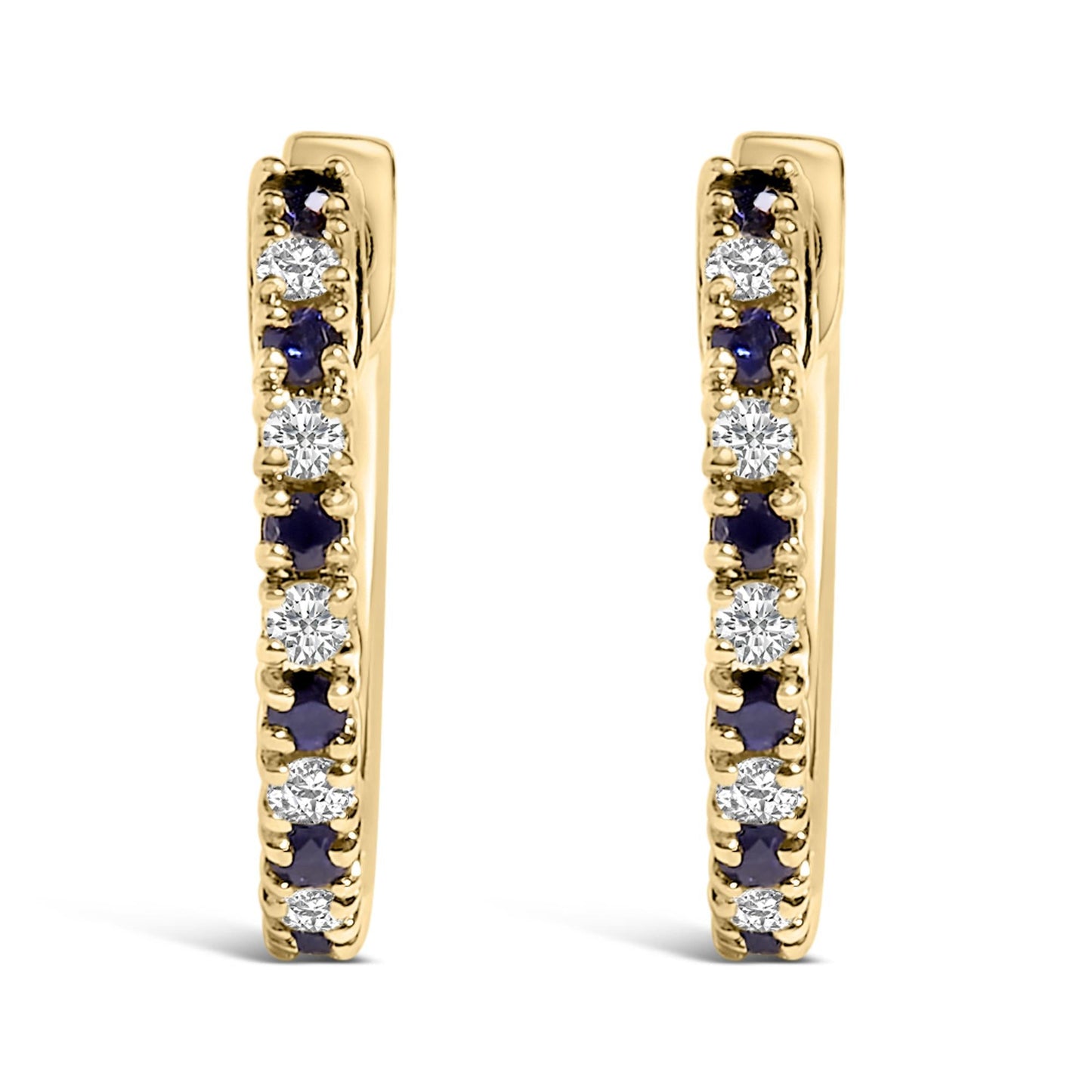 10K Yellow Gold Alternating Blue Sapphire 1/10 Cttw Diamond Huggy Hoop Earrings (I-J Color, I1-I2 Clarity)