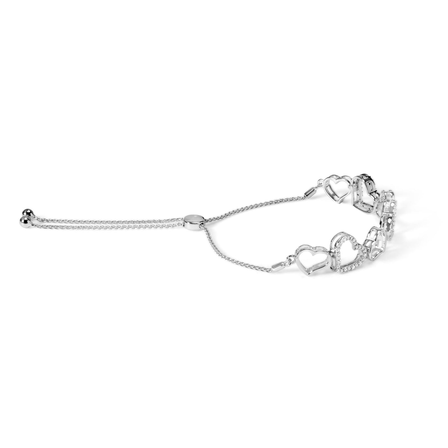 .925 Sterling Silver 1/4 Cttw Diamond Open Heart Link Adjustable Bolo Bracelet (I-J Color, I2-I3 Clarity) - 4 to 10 Inches