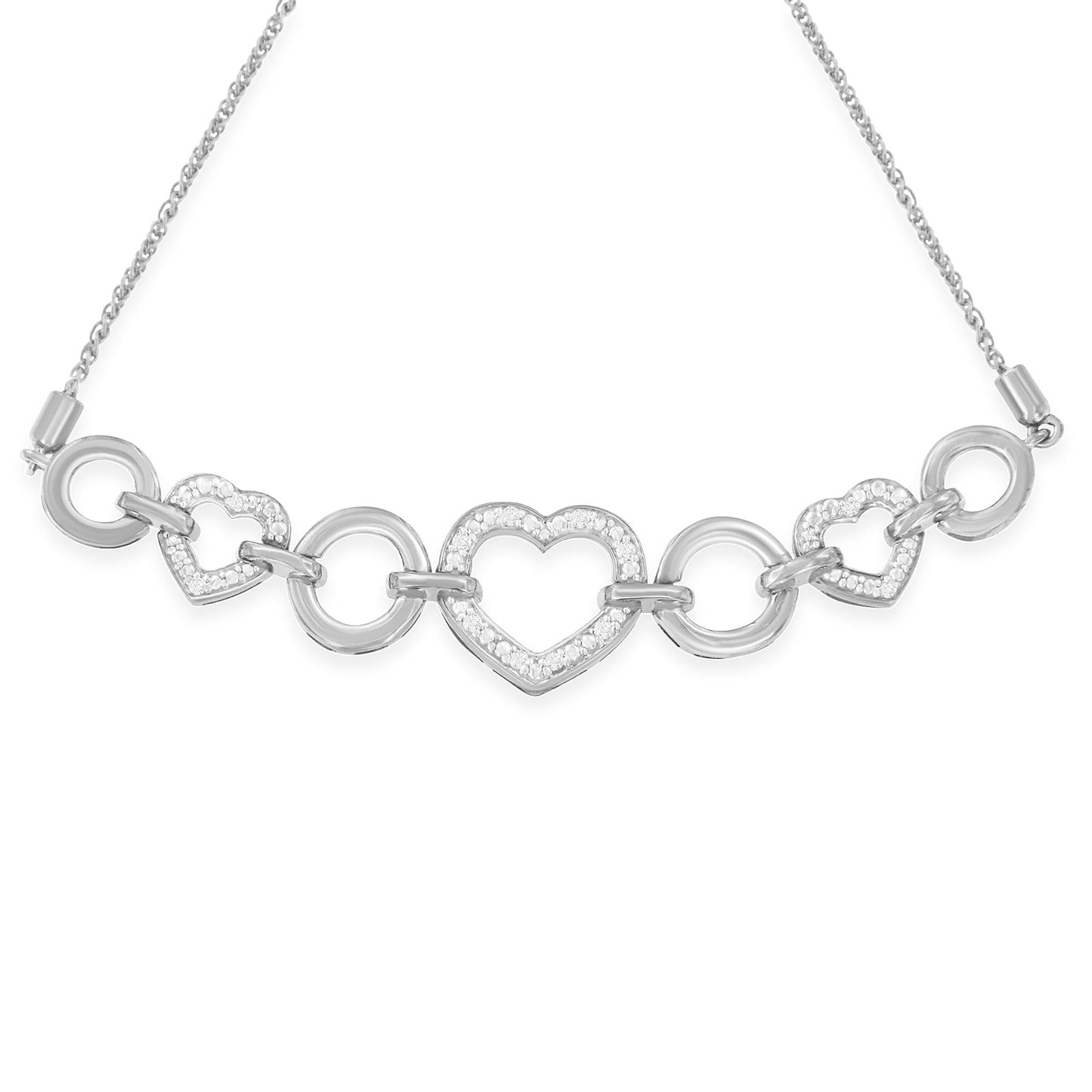.925 Sterling Silver Diamond Accent Interlinking Triple Heart 4â€-10†Adjustable Bolo Tennis Bracelet Bolo Bracelet (H-I Color, I2-I3 Clarity)
