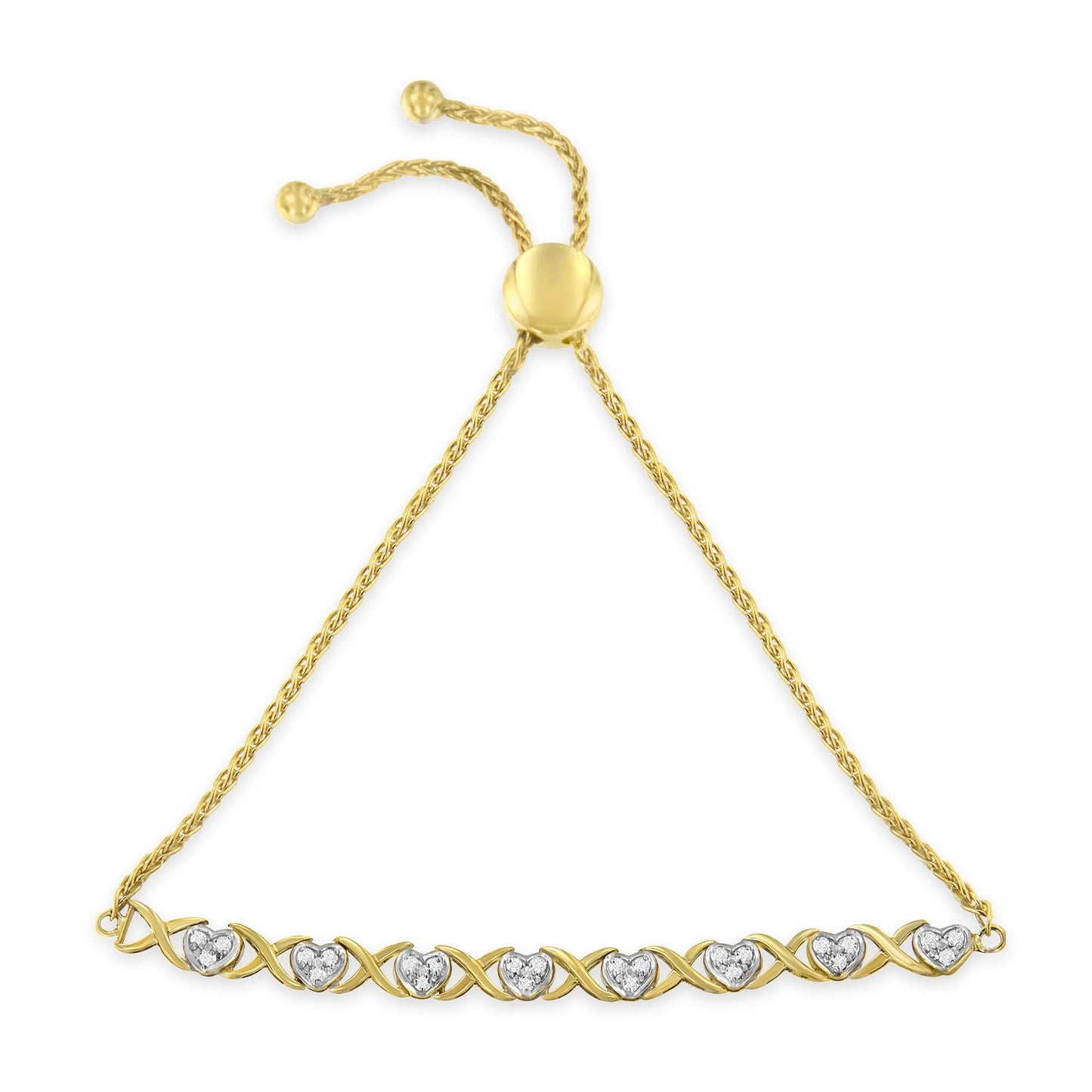 10K Yellow Gold over .925 Sterling Silver 1/10 Cttw Diamond Heart and X-Link 6â€-9†Adjustable Bolo Bracelet (H-I Color, I2-I3 Clarity)