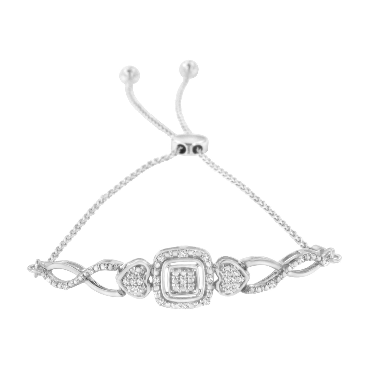 .925 Sterling Silver Diamond Cushion Frame Heart-Sides Twist 4â€-10†Adjustable Bolo Tennis Bolo Bracelet (I-J Color, I3 Clarity)