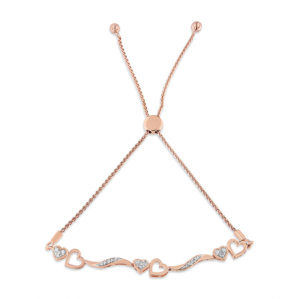 .925 Sterling Silver 1/10 Cttw Diamond Wave and Hearts 4â€-10†Adjustable Bolo Bracelet (I-J Color, I3 Clarity)
