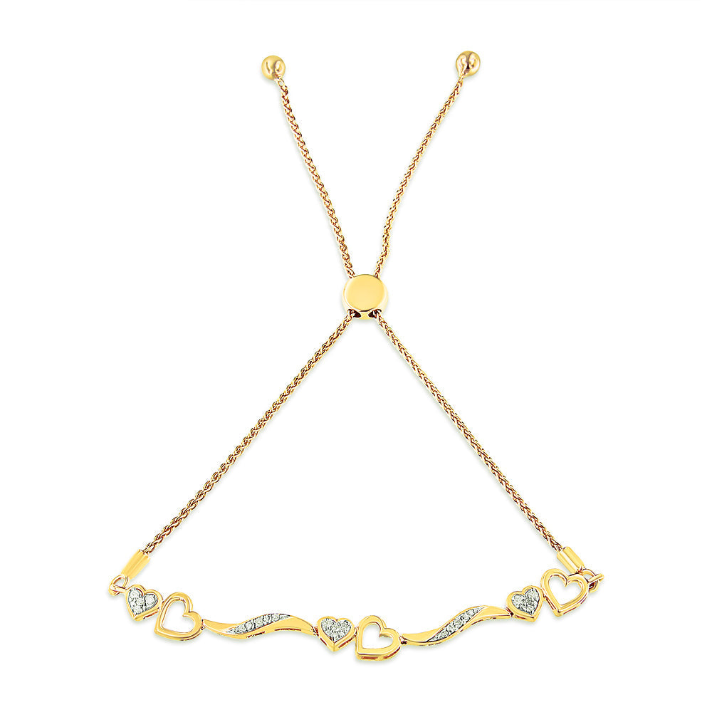 .925 Sterling Silver 1/10 Cttw Diamond Wave and Hearts 4â€-10†Adjustable Bolo Bracelet (I-J Color, I3 Clarity)