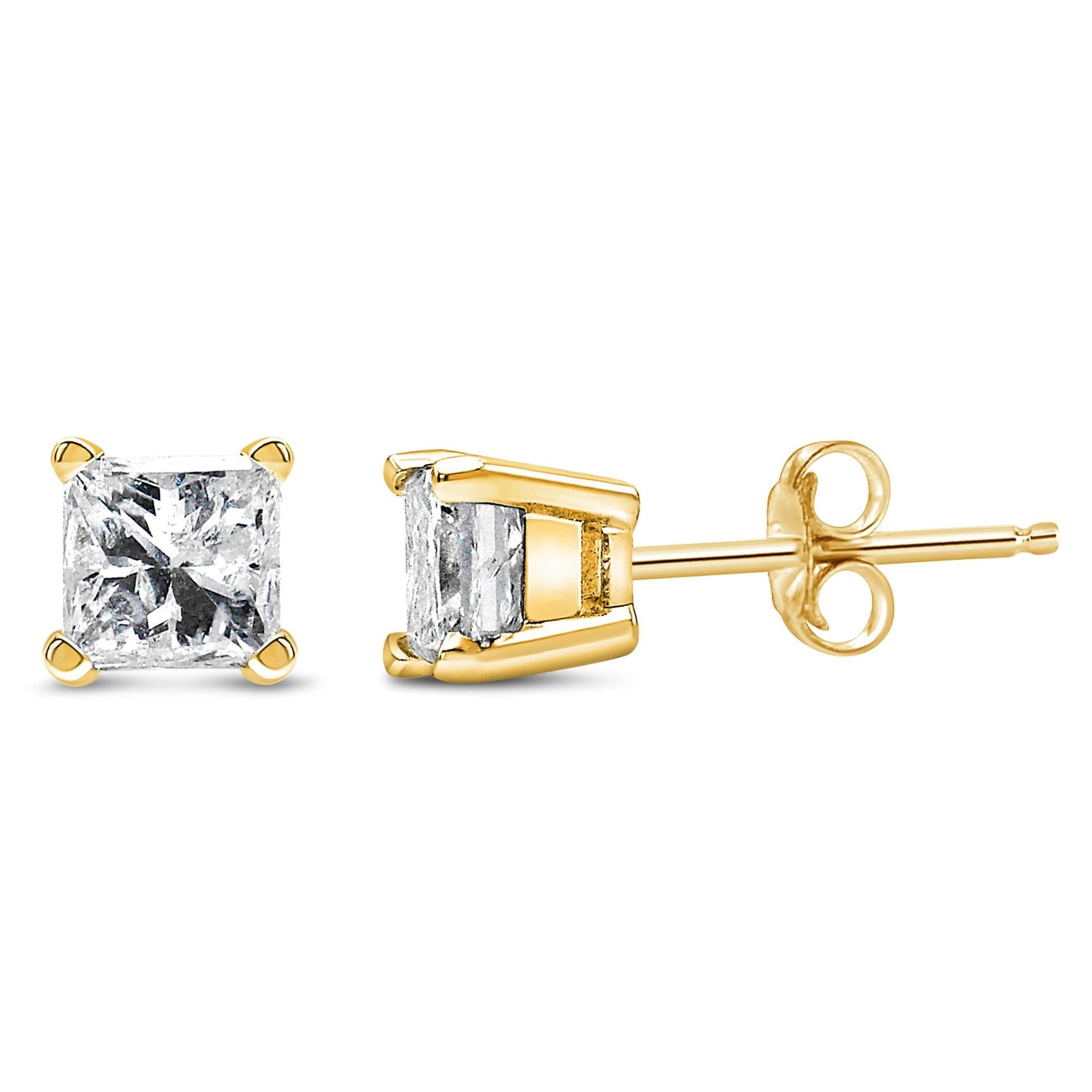 AGS Certified 14k Yellow Gold 1/4 cttw 4-Prong Set Princess-Cut Solitaire Diamond Push Back Stud Earrings (F-G Color, SI2-I1 Clarity)