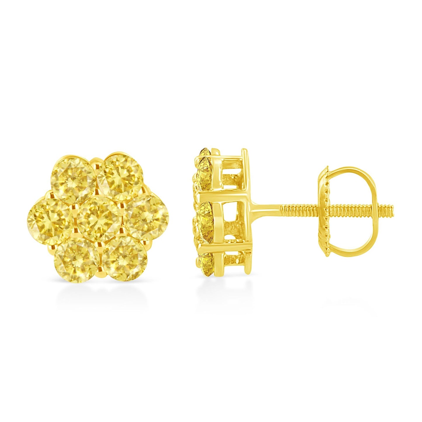 .925 Sterling Silver Prong Set Round-Cut Treated Colored Diamond Floral Cluster Stud Earring - Choice of Diamond Colors and Total Weights
