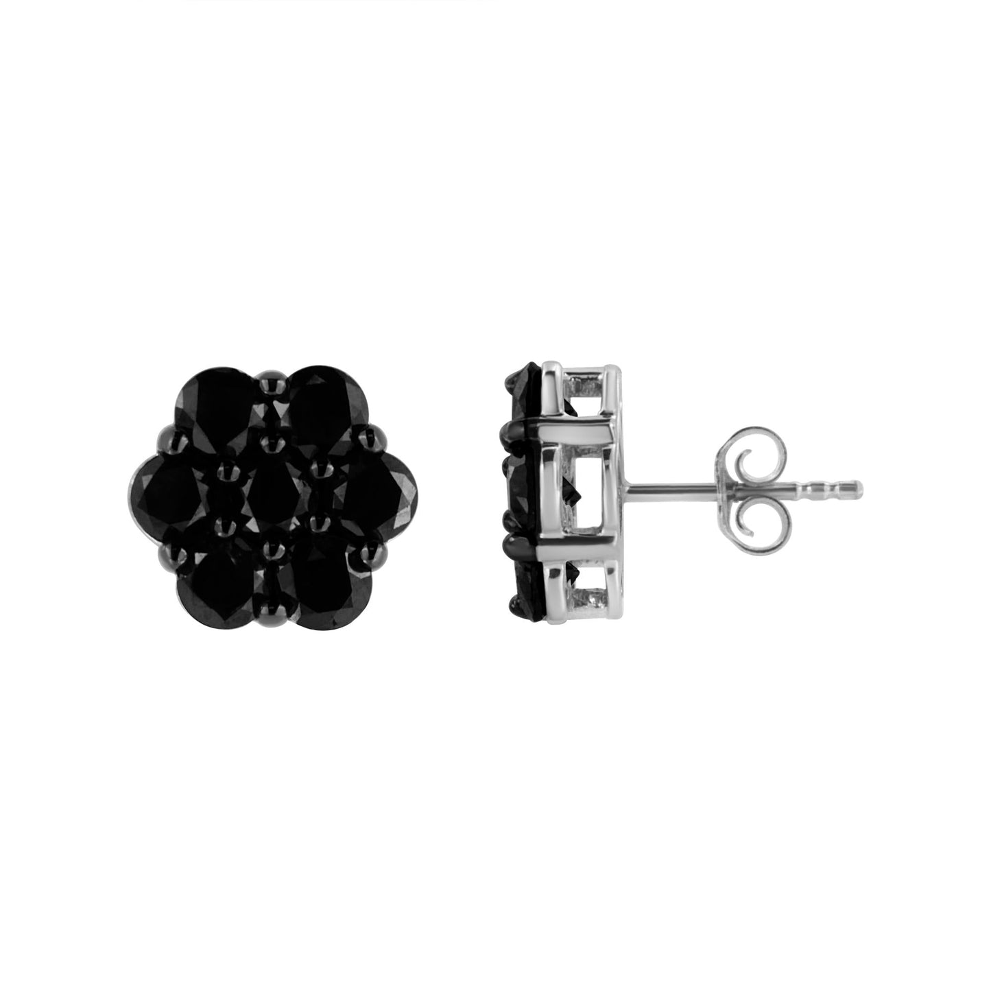 .925 Sterling Silver Prong Set Round-Cut Treated Colored Diamond Floral Cluster Stud Earring - Choice of Diamond Colors and Total Weights
