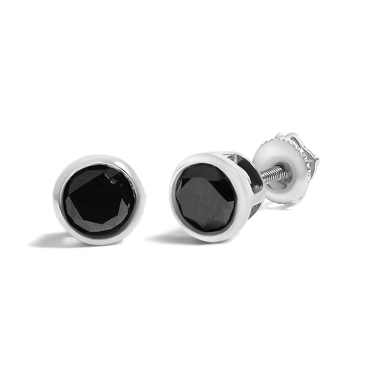 .925 Sterling Silver Round Brilliant-Cut Black Diamond Bezel-Set Stud Earrings with Screw Backs (Fancy Color-Enhanced, I2-I3 Clarity)
