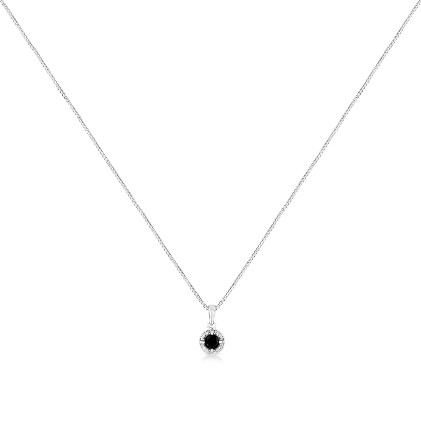 .925 Sterling Silver Treated Color Diamond Solitaire 18" Milgrain Pendant Necklace