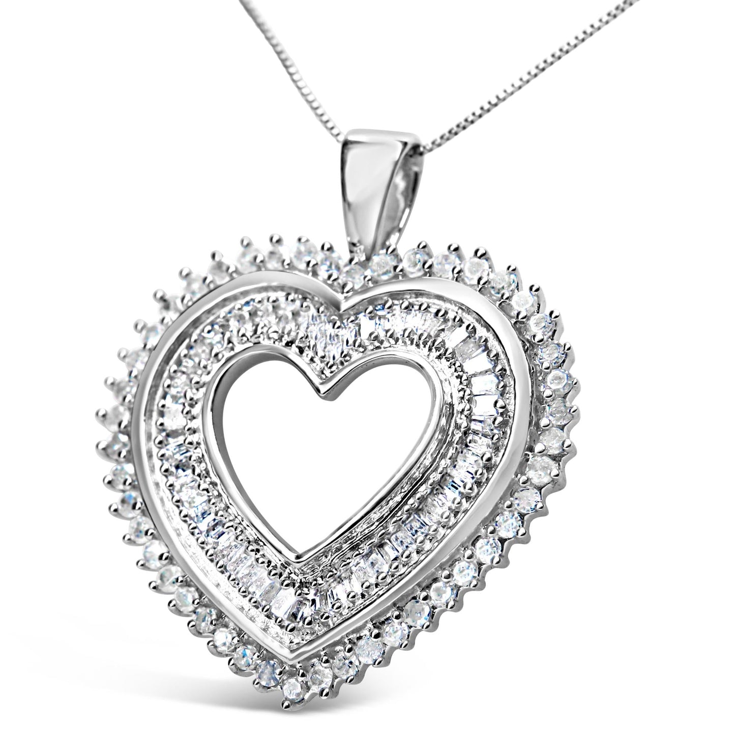 .925 Sterling Silver 1.0 Cttw Baguette and Round Diamond Heart Pendant 18" Necklace (H-I Color, I3 Clarity)