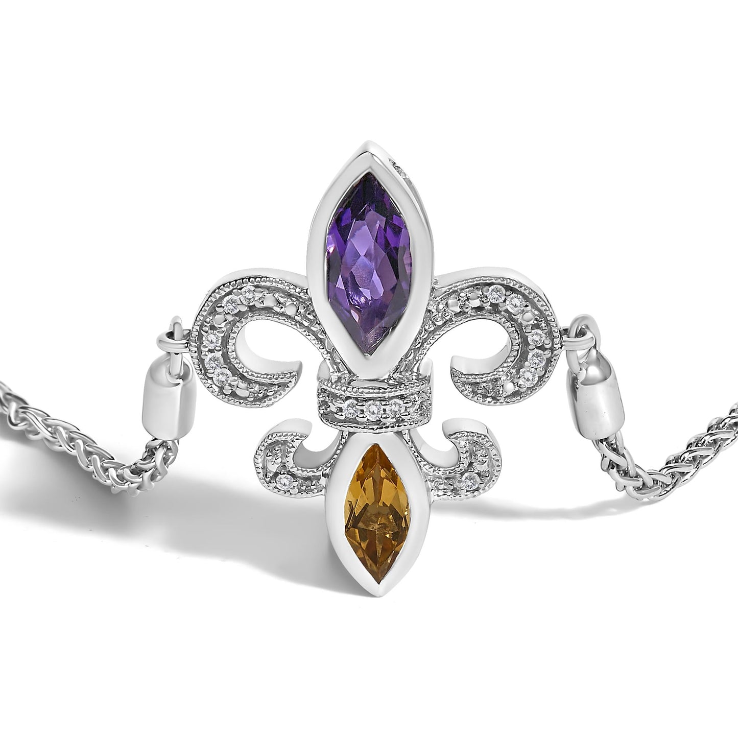 .925 Sterling Silver Marquise Purple Amethyst, Orange Citrine, and Diamond Accent Lariat 4â€-10†Fleur De Lis Adjustable Bolo Bracelet (I-J Color, I1-I2 Clarity)