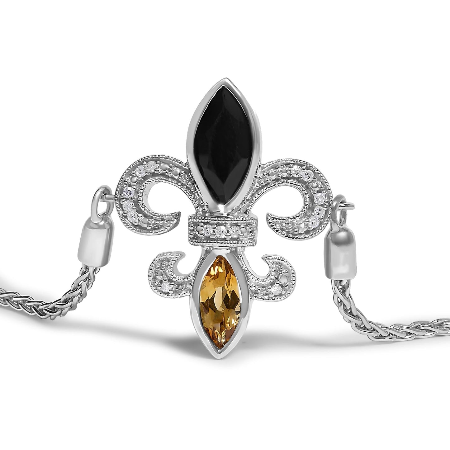 .925 Sterling Silver Marquise Black Onyx, Orange Citrine, and Diamond Accent Lariat 4â€-10†Fleur De Lis Adjustable Bolo Bracelet (I-J Color, I1-I2 Clarity) - 7"