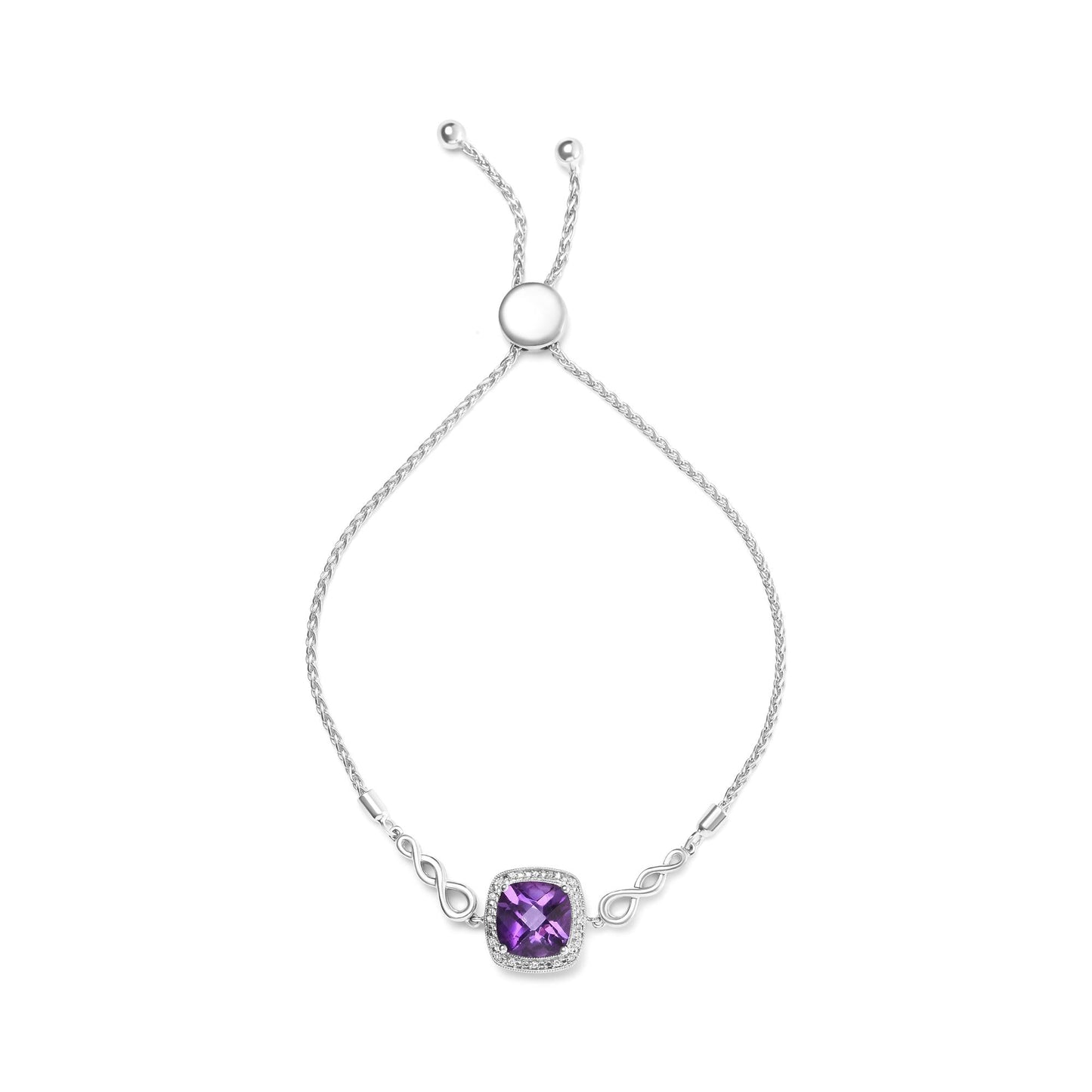 .925 Sterling Silver 10mm Cushion Cut Amethyst Gemstone and Diamond Accent Lariat 4â€-10†Adjustable Bolo Bracelet (H-I Color, SI1-SI2 Clarity)