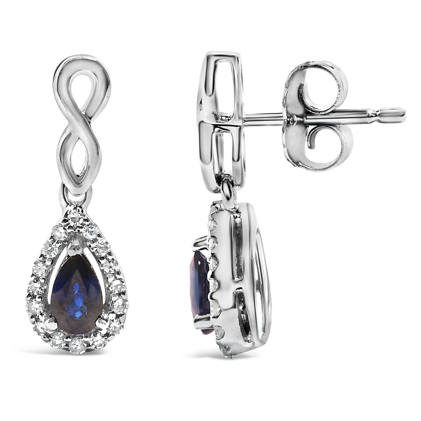 10K White Gold Pear Cut Blue Sapphire and 1/7 Cttw Diamond Infinity Drop and Dangle Earrings (I-J Color, I1-I2 Clarity)