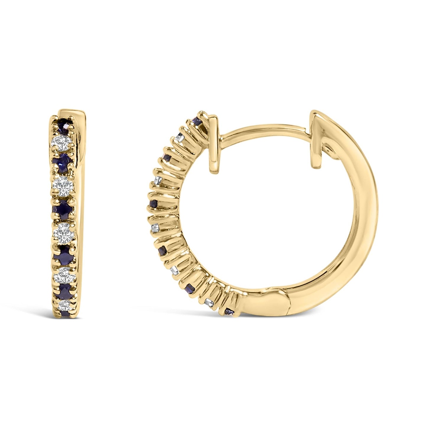 10K Yellow Gold Alternating Blue Sapphire 1/10 Cttw Diamond Huggy Hoop Earrings (I-J Color, I1-I2 Clarity)