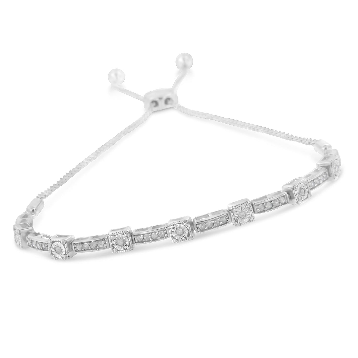 .925 Sterling Silver 1/4 Cttw Diamond 4â€-10†Adjustable Bolo Alternating Square and Rectangle Bolo Bracelet (I-J Color, I3 Clarity)