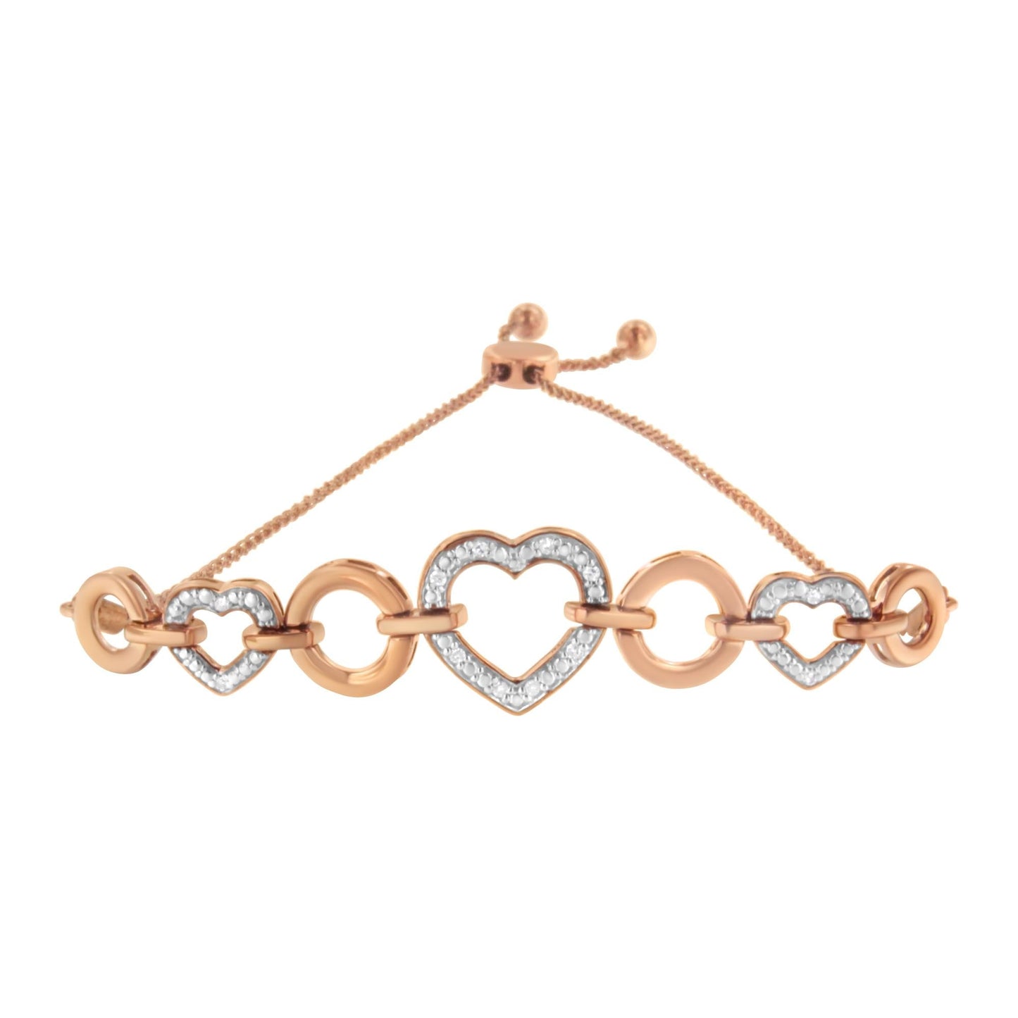 14K Rose Gold Plated .925 Sterling Silver Diamond Accent Circle and Heart Link Adjustable 6â€-10†Bolo Bracelet (I-J Color, I3 Clarity)