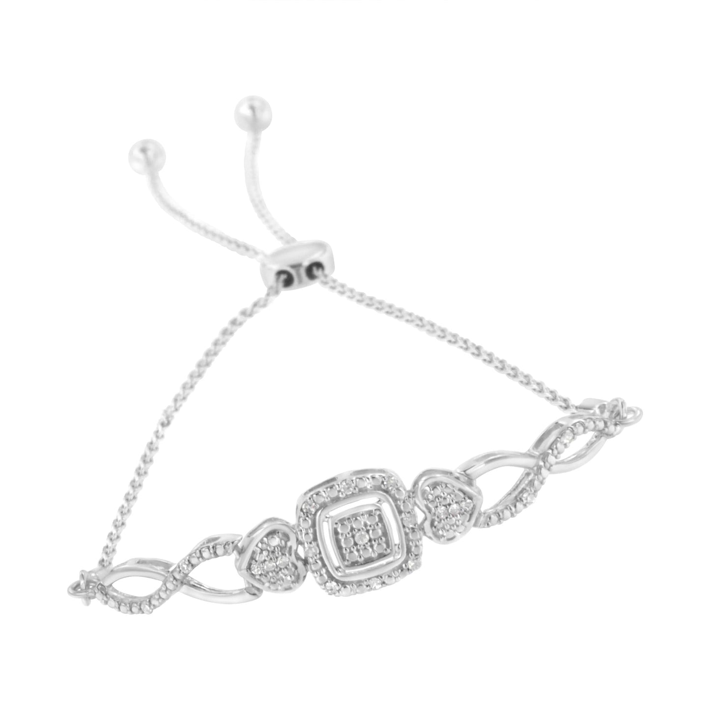 .925 Sterling Silver Diamond Cushion Frame Heart-Sides Twist 4â€-10†Adjustable Bolo Tennis Bolo Bracelet (I-J Color, I3 Clarity)