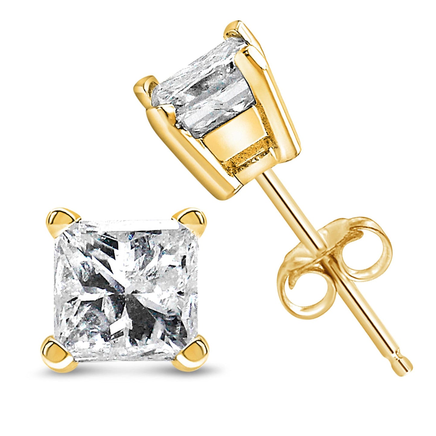 AGS Certified 14k Yellow Gold 1/4 cttw 4-Prong Set Princess-Cut Solitaire Diamond Push Back Stud Earrings (F-G Color, SI2-I1 Clarity)