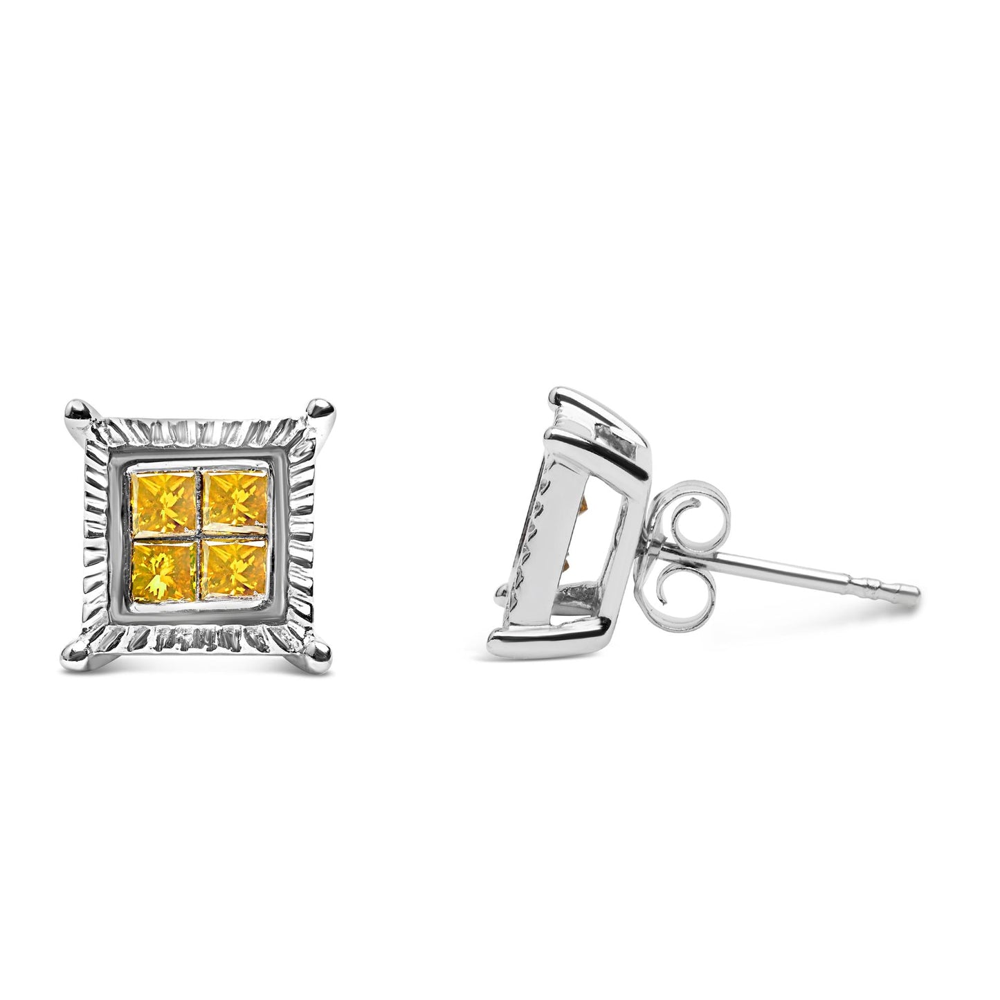 .925 Sterling Silver 1/2 Cttw Yellow Princess Diamond Quad Stud Earring