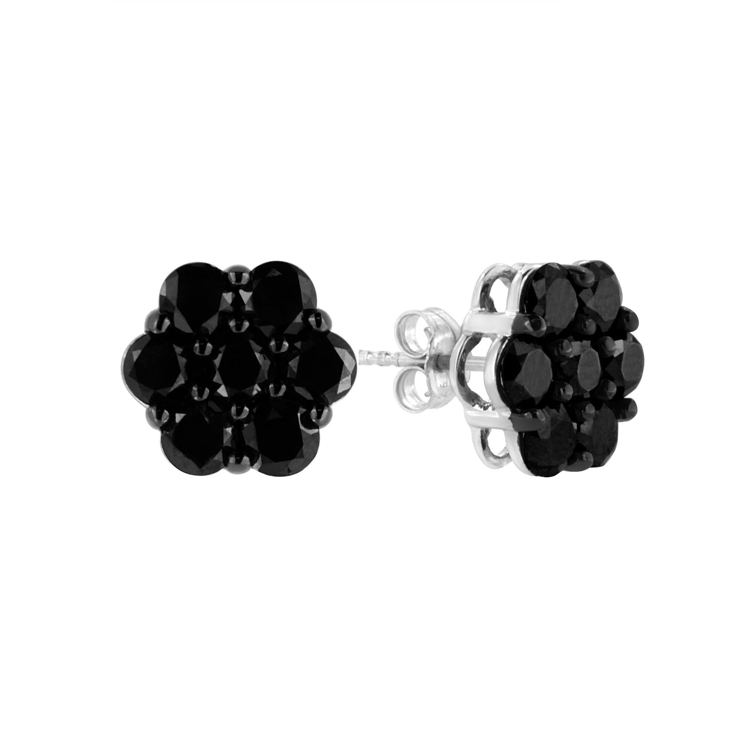 .925 Sterling Silver Prong Set Round-Cut Treated Colored Diamond Floral Cluster Stud Earring - Choice of Diamond Colors and Total Weights