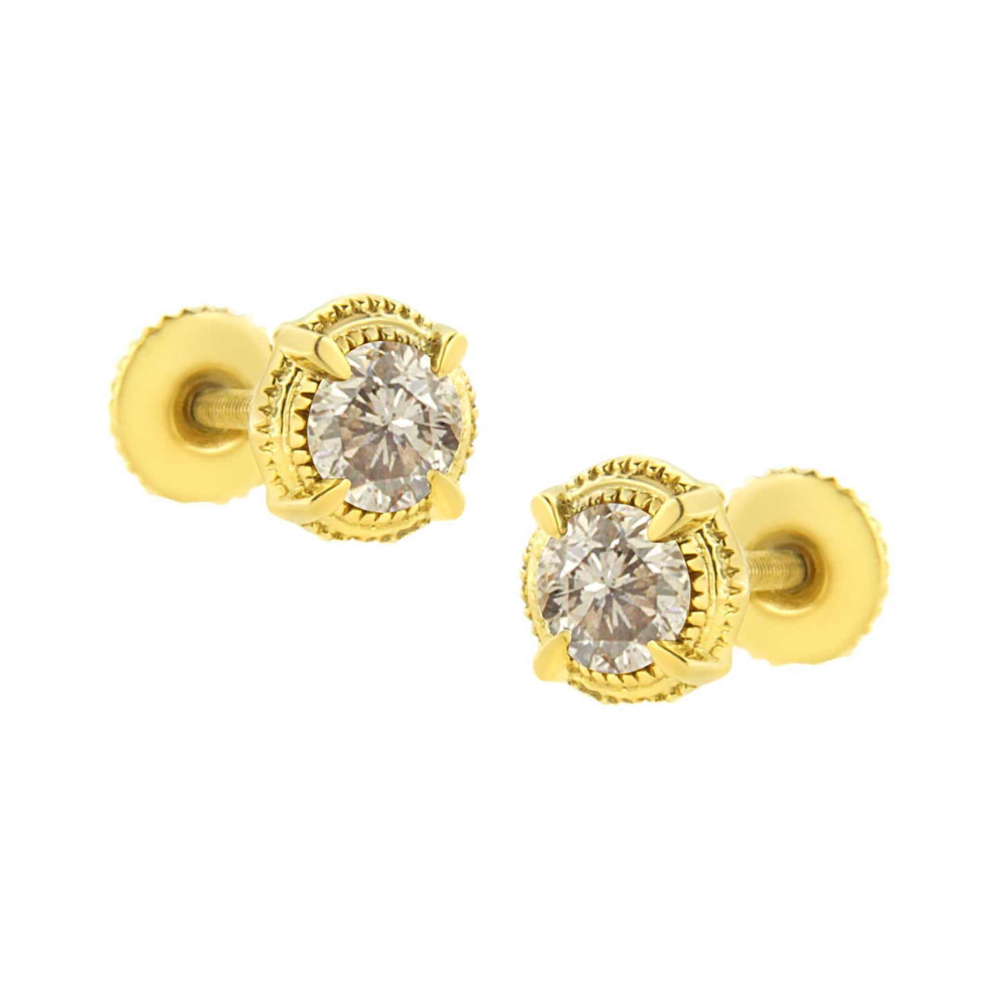 .925 Sterling Silver Round Brilliant Cut Diamond Solitaire Milgrain Stud Earrings