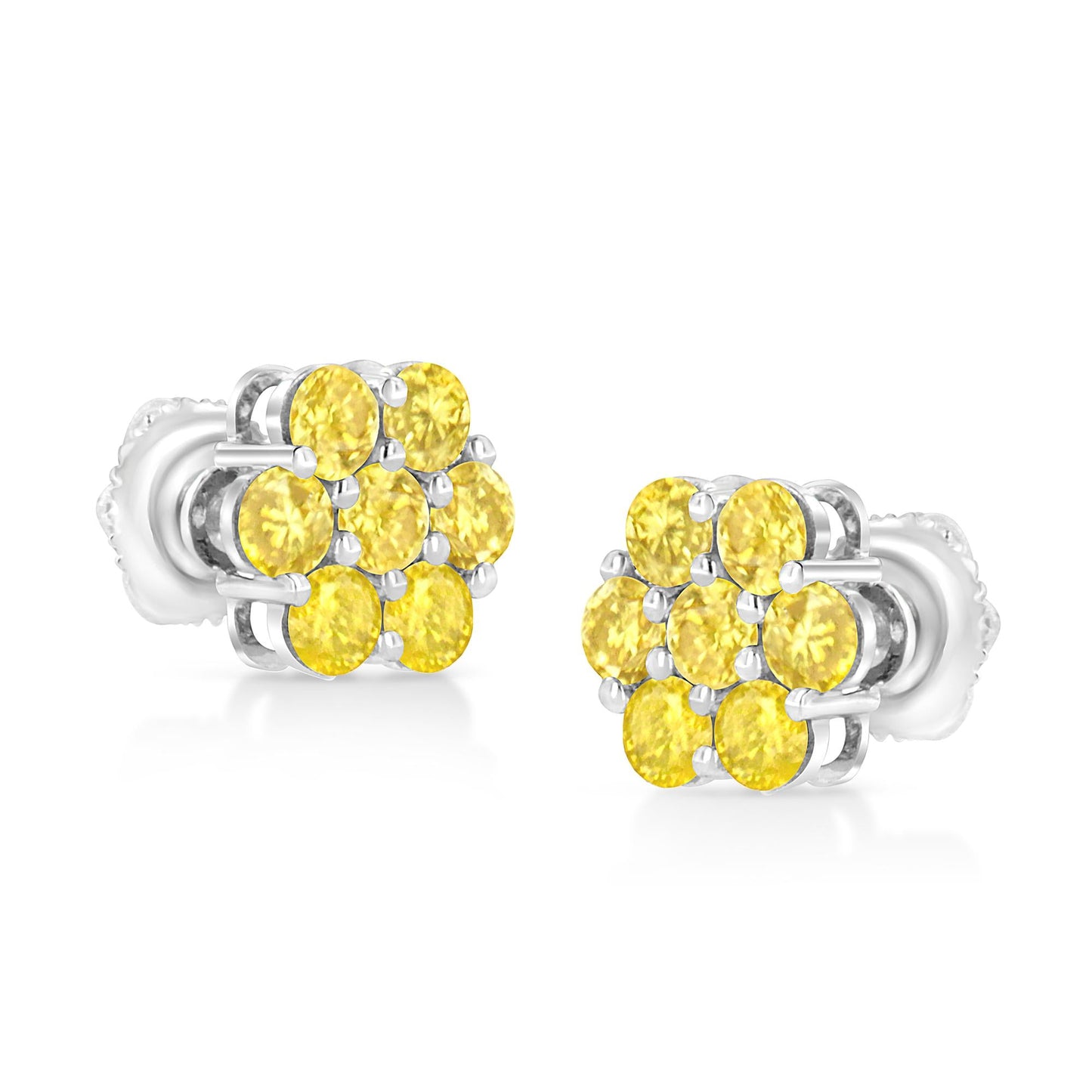 .925 Sterling Silver Prong Set Round-Cut Treated Colored Diamond Floral Cluster Stud Earring - Choice of Diamond Colors and Total Weights