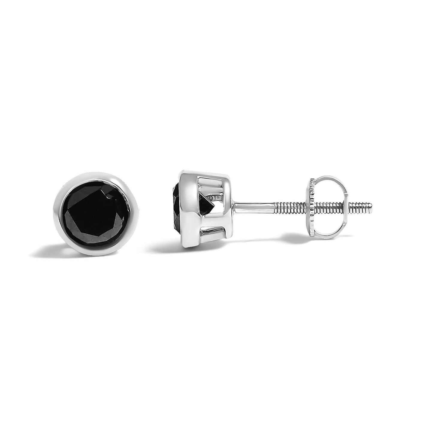 .925 Sterling Silver Round Brilliant-Cut Black Diamond Bezel-Set Stud Earrings with Screw Backs (Fancy Color-Enhanced, I2-I3 Clarity)