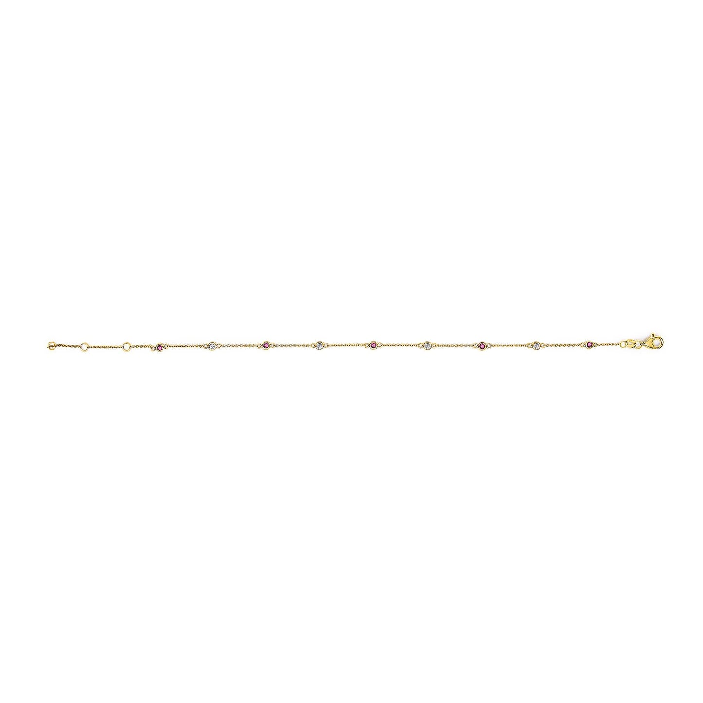 14K Yellow Gold Alternating Red Ruby and White Diamond Bezel Station Chain Bracelet (I-J Color, SI2-I1 Clarity) - 8" Inches