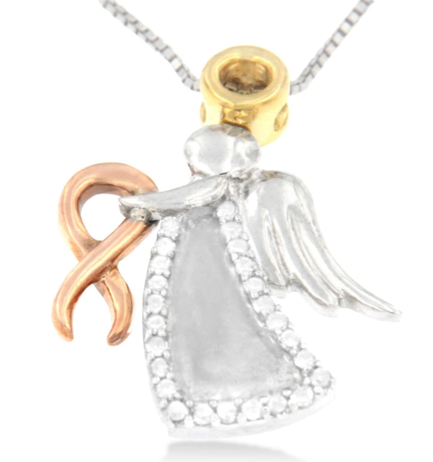 10K Tri-Color Gold Diamond-Accented Angel Awareness Ribbon Pendant Necklace (H-I Color, I1-I2 Clarity)