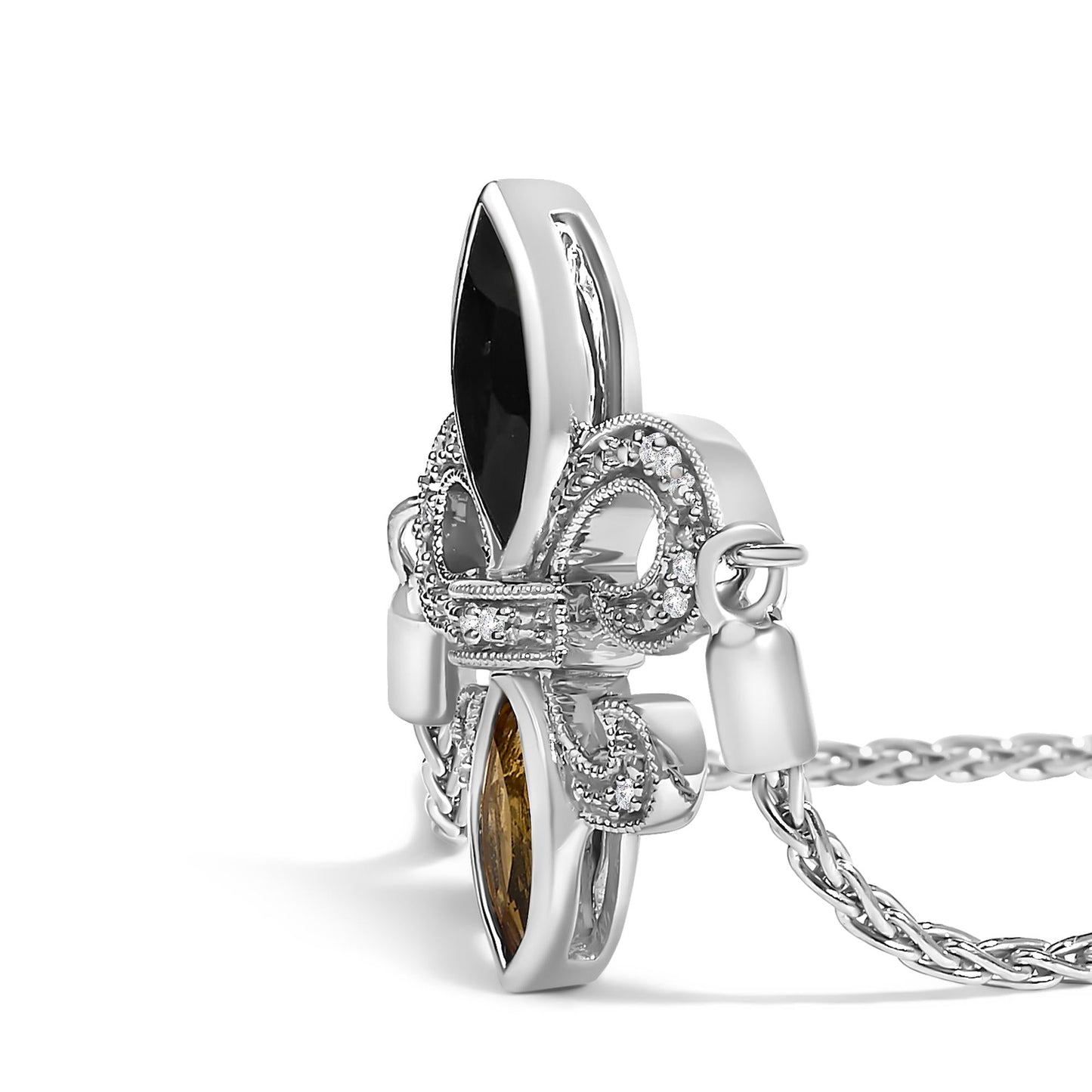 .925 Sterling Silver Marquise Black Onyx, Orange Citrine, and Diamond Accent Lariat 4â€-10†Fleur De Lis Adjustable Bolo Bracelet (I-J Color, I1-I2 Clarity) - 7"