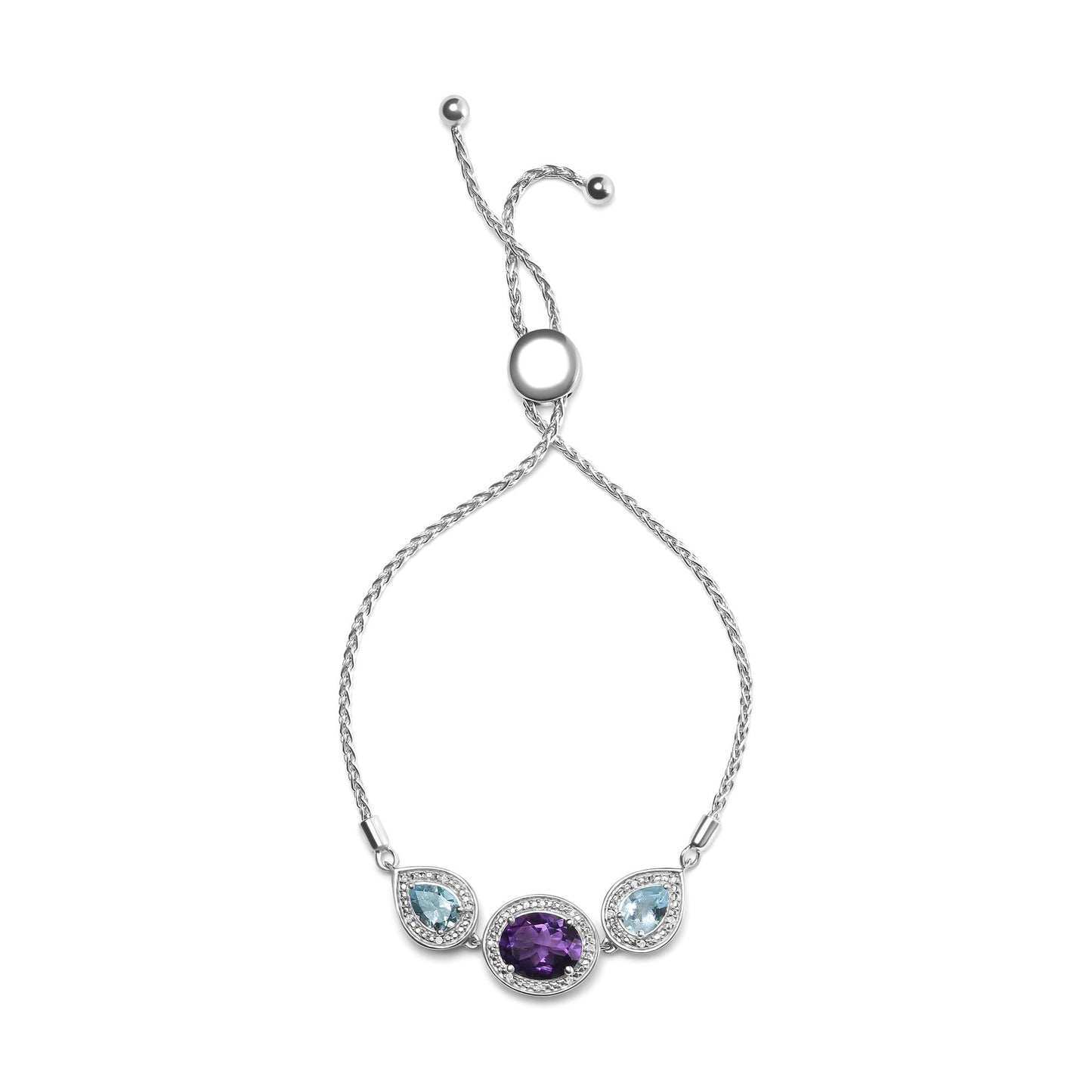 .925 Sterling Silver Oval Amethyst and Pear Blue Topaz with Diamond Accent Lariat 4â€-10†Adjustable Bolo Bracelet (H-I Color, SI1-SI2 Clarity)
