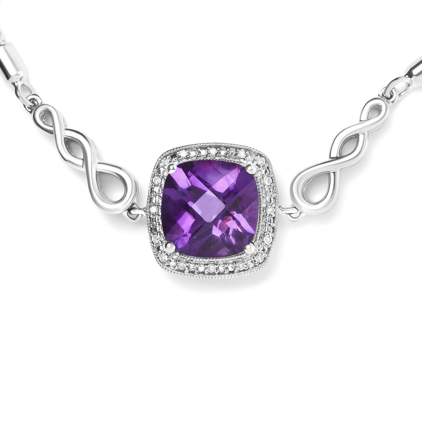 .925 Sterling Silver 10mm Cushion Cut Amethyst Gemstone and Diamond Accent Lariat 4â€-10†Adjustable Bolo Bracelet (H-I Color, SI1-SI2 Clarity)