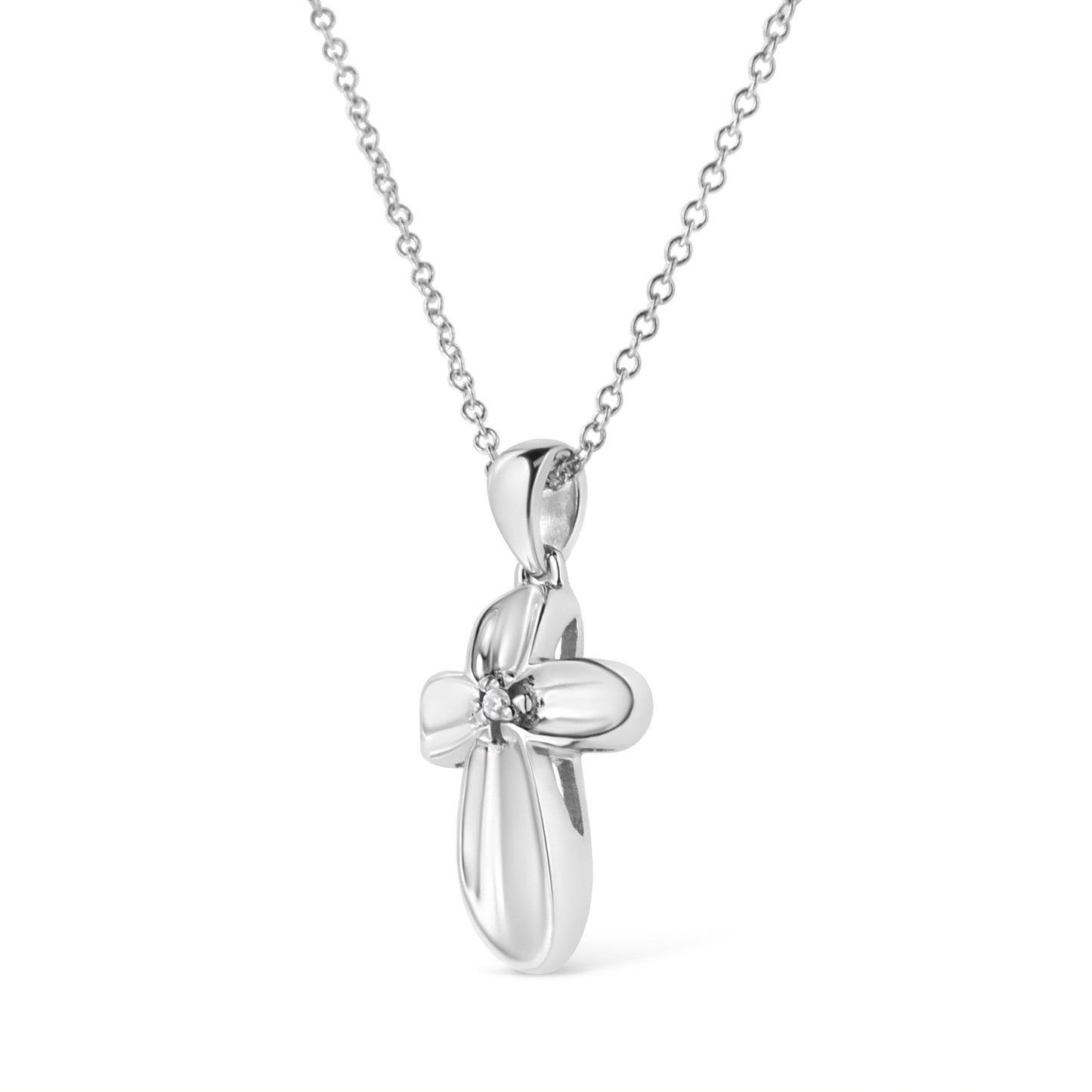 .925 Sterling Silver Prong-Set Diamond Accent Floral Cross 18" Pendant Necklace (I-J Color, I1-I2 Clarity)