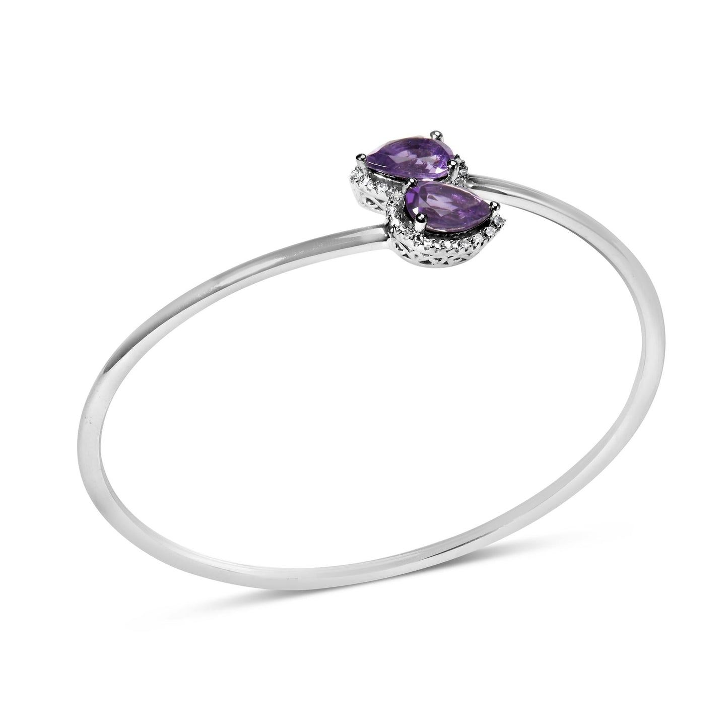 .925 Sterling Silver 8 x 5.5mm Pear Shape Amethyst and Diamond Accent Halo Bypass Bangle Bracelet (H-I Color, SI1-SI2 Clarity) - Fits up to 7" Inches