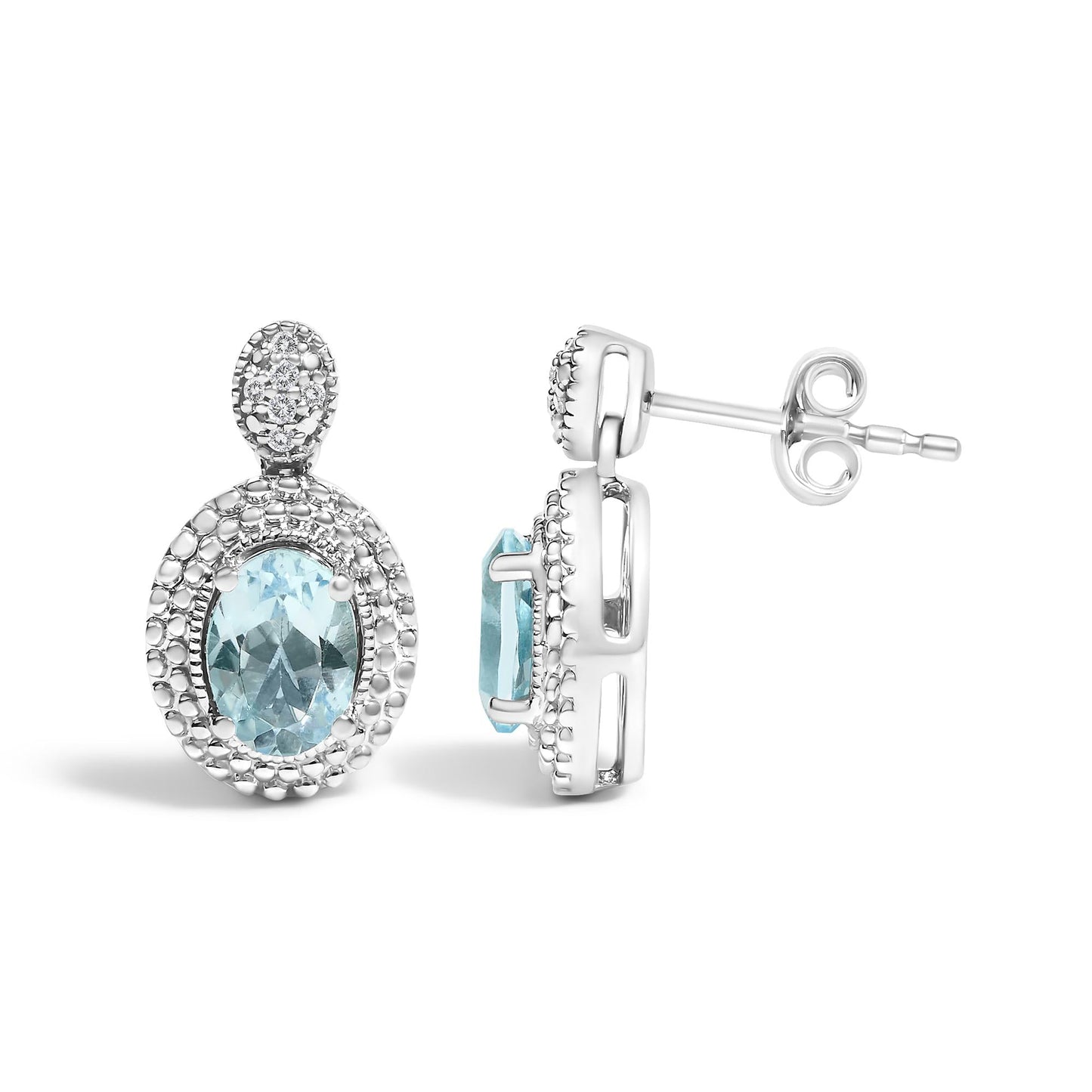 .925 Sterling Silver Diamond Accent and Oval Blue Topaz with Beaded Halo Drop Stud Earrings (I-J color, I1-I2 Clarity)