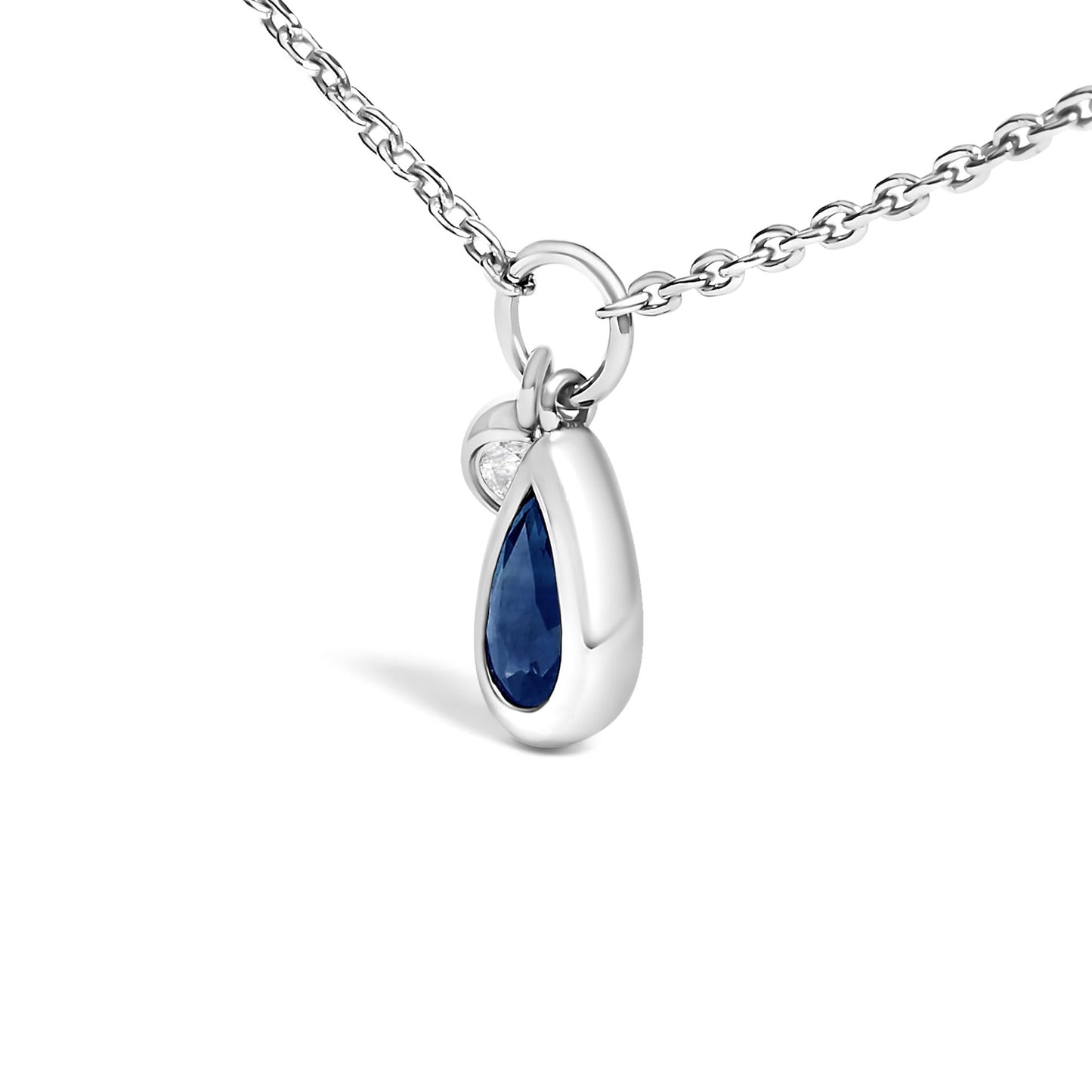 10K White Gold 6x4 mm Pear Blue Sapphire and Diamond Accent Charm Pendant Necklace - 18" Inches