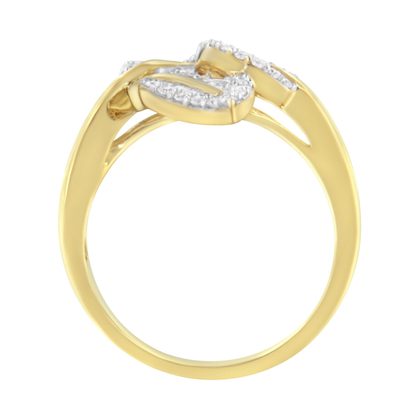 18K Yellow and White Gold Plated .925 Sterling Silver 3/8 Cttw Baguette and Round Diamond Bypass Triple Leaf Ring (I-J Color, I1-I2 Clarity)