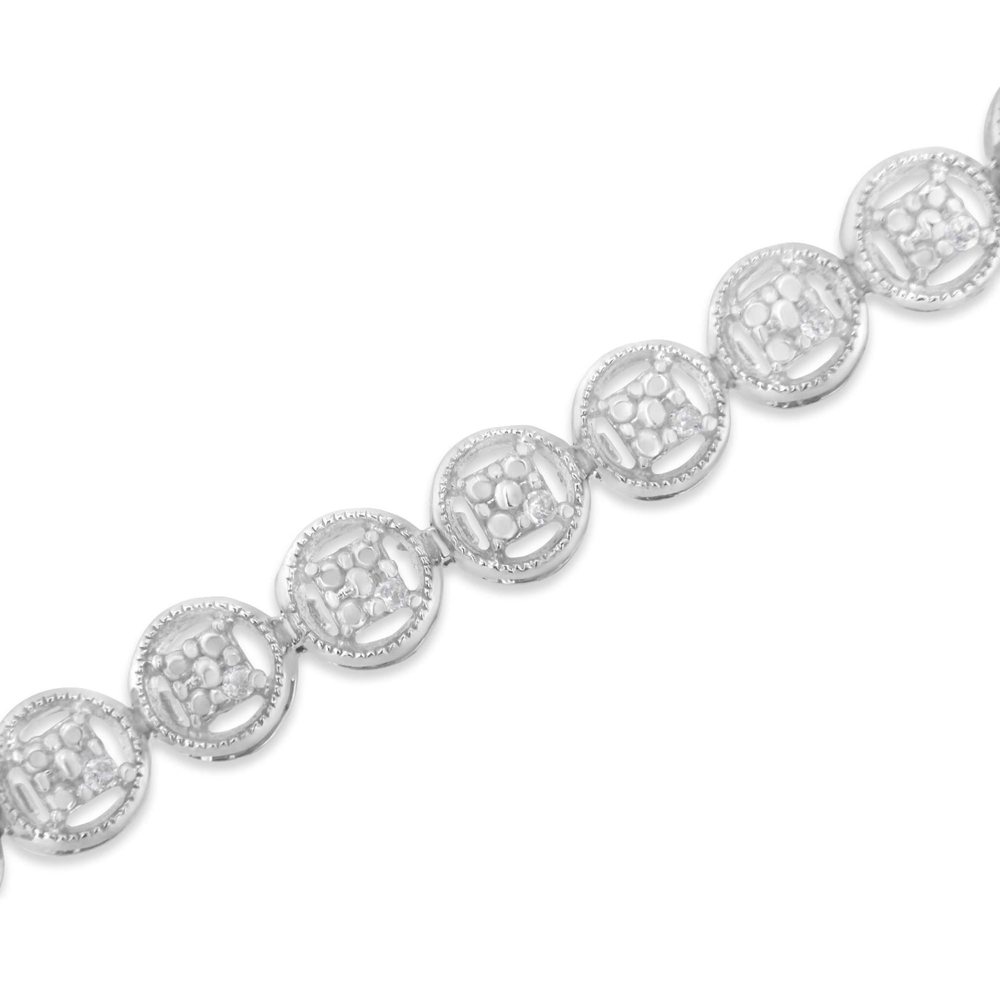 .925 Sterling Silver 1/10 Cttw Diamond Open Circle Beaded Wheel Link Tennis Bracelet (I-J Color, I3 Clarity) - 7.25"
