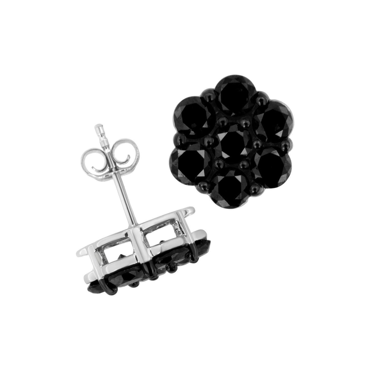 .925 Sterling Silver Prong Set Round-Cut Treated Colored Diamond Floral Cluster Stud Earring - Choice of Diamond Colors and Total Weights