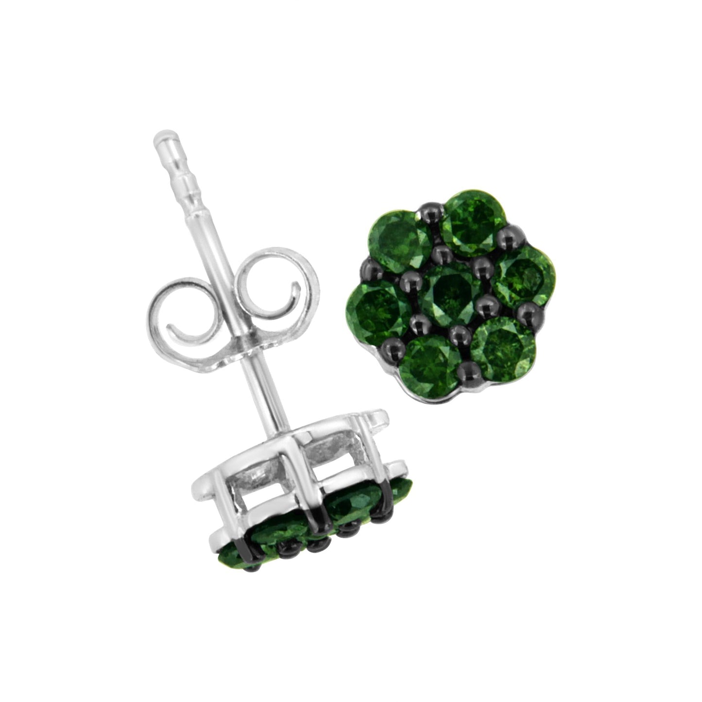 .925 Sterling Silver Prong Set Round-Cut Treated Colored Diamond Floral Cluster Stud Earring - Choice of Diamond Colors and Total Weights